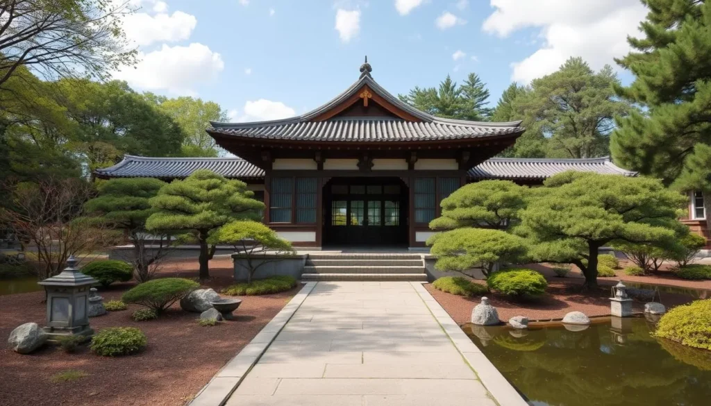 Generate an image of the serene Japanese Cultural Center, Tea House, and Gardens in Saginaw, Michigan.