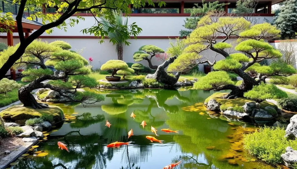 Generate an image of the serene Shinzen Friendship Garden with its koi pond and bonsai trees.