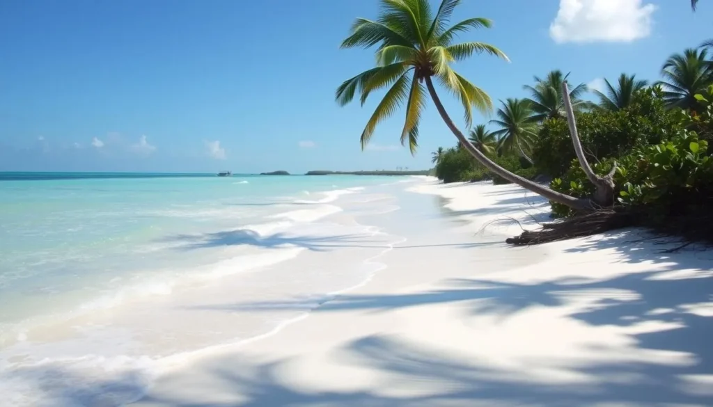 Generate an image of the southeast coast beach on Little Ambergris Cay, showcasing its serene ambiance and clear waters.