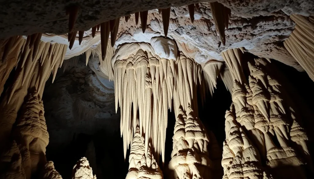 Generate an image of the stalactites and stalagmites in Aggtelek National Park's caves.
