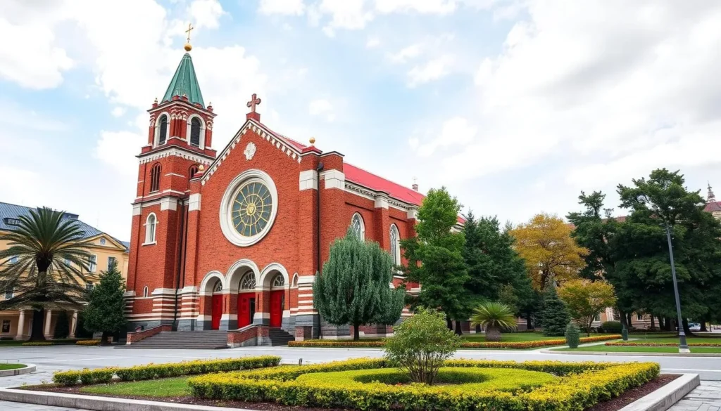 Generate an image of the striking red-brick Church of Saints Simon and Helena on Independence Square.