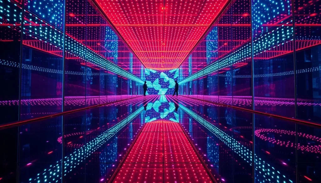Generate an image of the stunning LED lights and mirrors at TeamLab Borderless