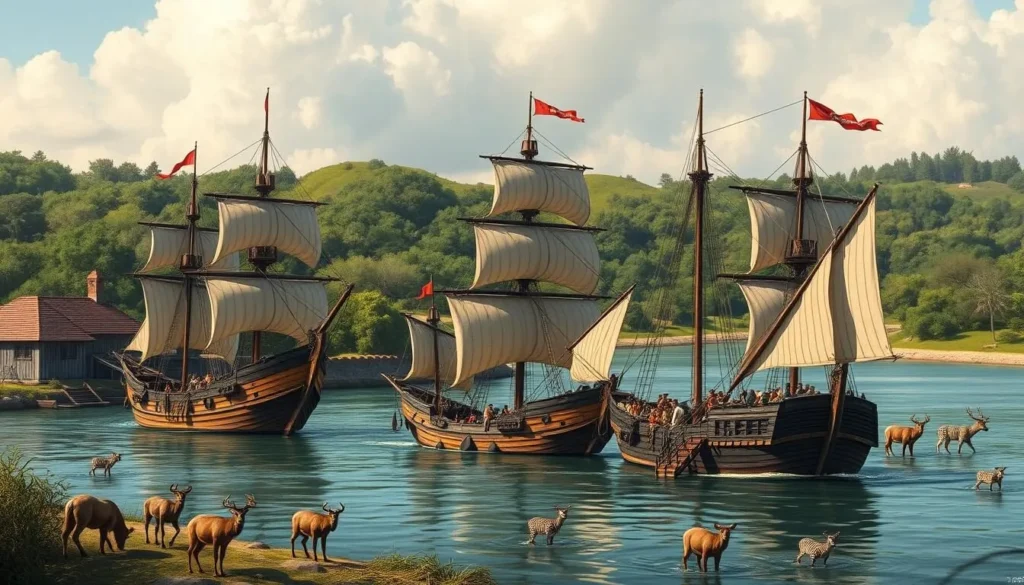 Generate an image of the three English ships arriving at Jamestown in 1607.