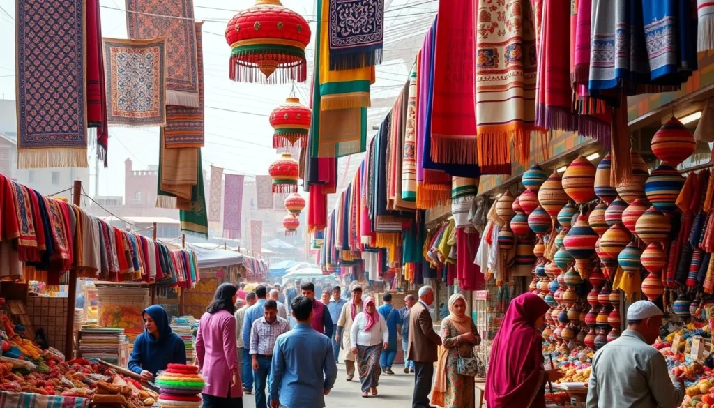 Generate an image of the vibrant Kashgar Sunday Bazaar with colorful textiles and local products.