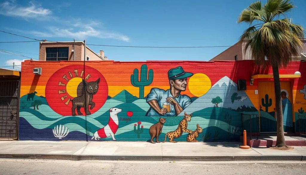 Generate an image of the vibrant murals in El Segundo Barrio, El Paso, Texas, depicting the neighborhood's history and cultural identity.