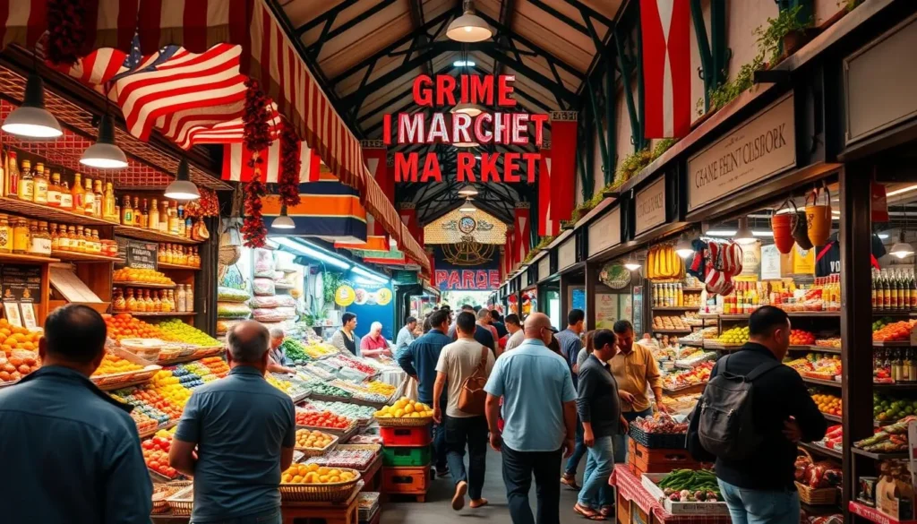 Generate an image of the vibrant stalls and colorful goods at Grande Marche Central Market.