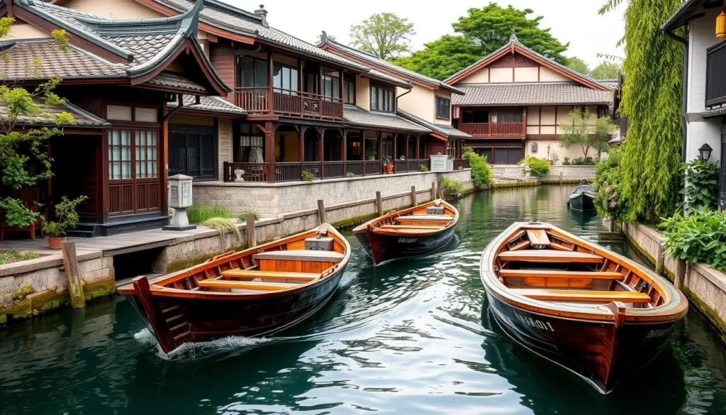 Generate an image of traditional wooden boats navigating through Itako's canals.