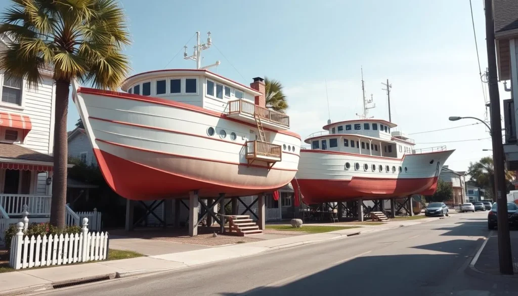 Generate an image of two large ship-shaped houses on stilts along a residential street.