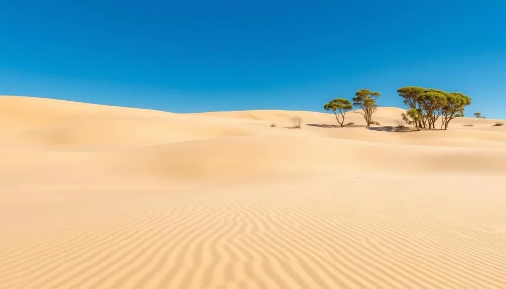 Generate an image of vast inland sand dunes in Wilsons Promontory National Park, with eucalypt trees in the background.