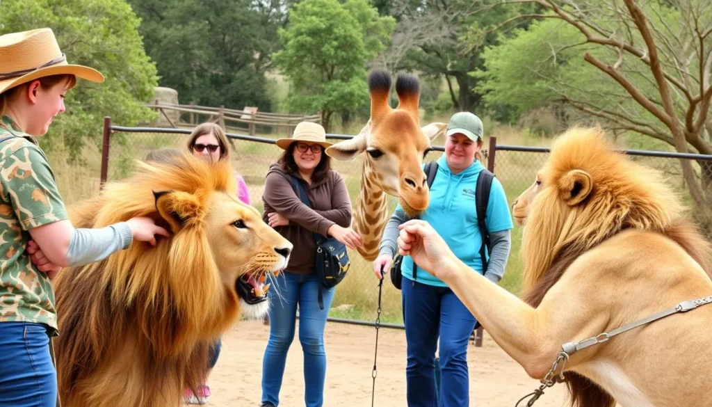 Generate an image of visitors at the Lion Habitat Ranch interacting with lions and a giraffe.