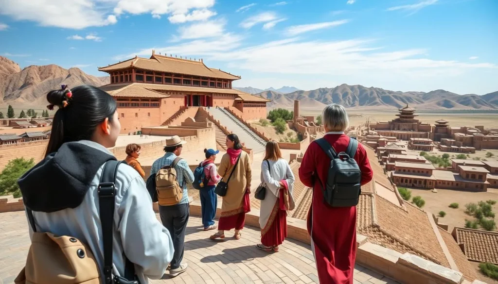 Generate an image of visitors dressed in traditional Han Chinese clothing in Dunhuang.