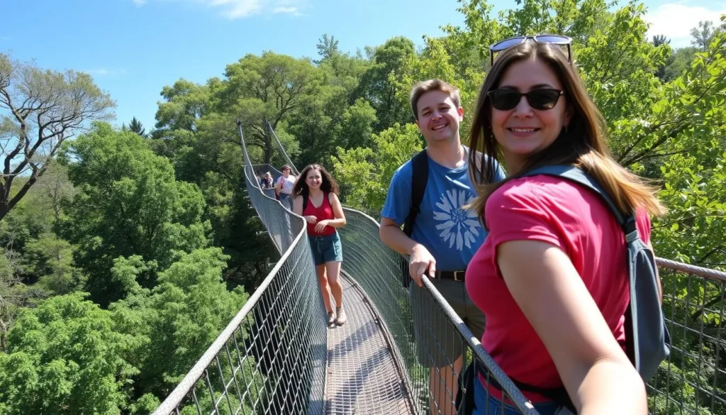 Generate an image of visitors enjoying the treetop canopy walk at Anakeesta.