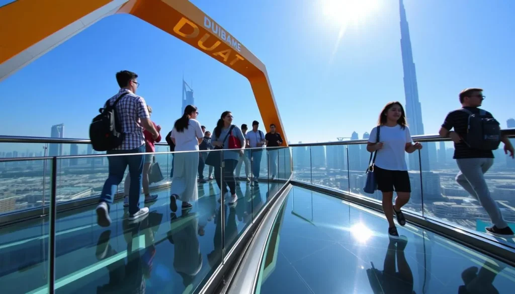 Generate an image of visitors walking on the Dubai Frame's glass-bottomed bridge.