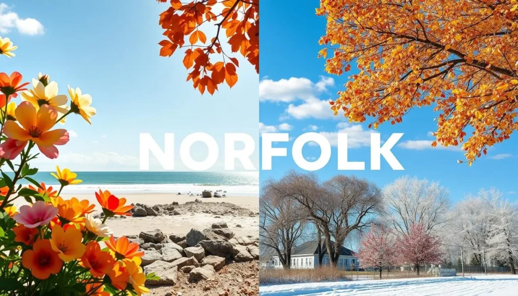 Generate an image showing Norfolk's weather conditions across different seasons.