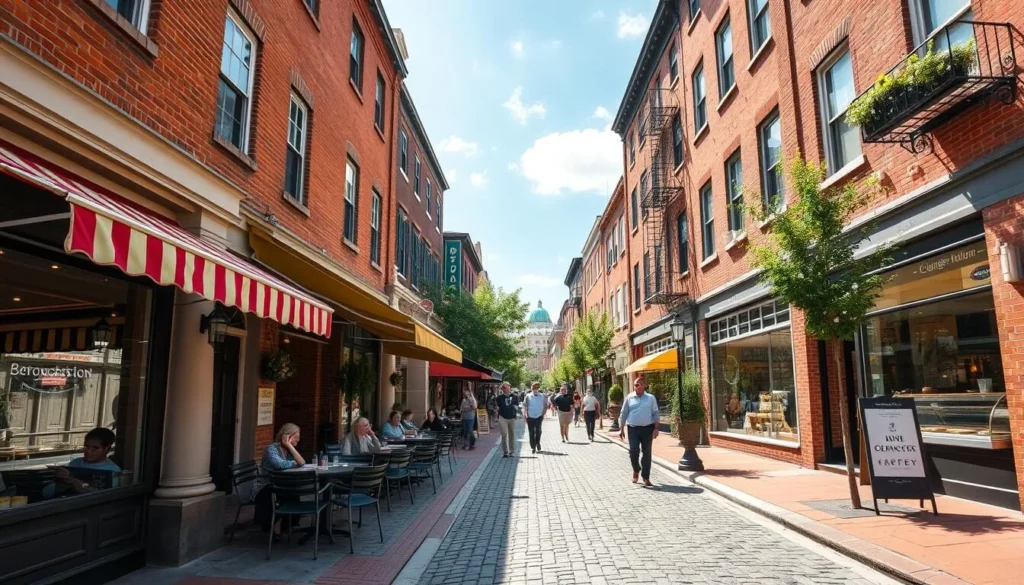 Georgetown street view with historic buildings and dessert shops in Washington DC
