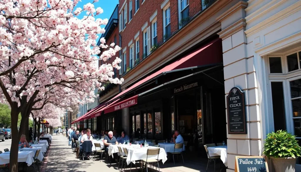 Georgetown street with French bistros and outdoor seating during cherry blossom season