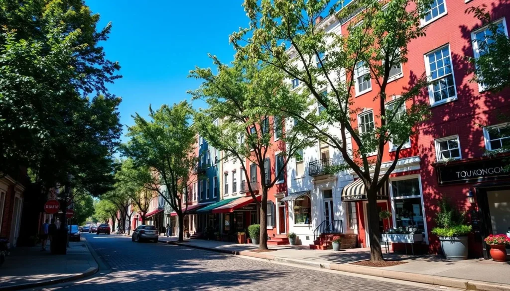 Georgetown's colorful row houses and cobblestone streets on a sunny day