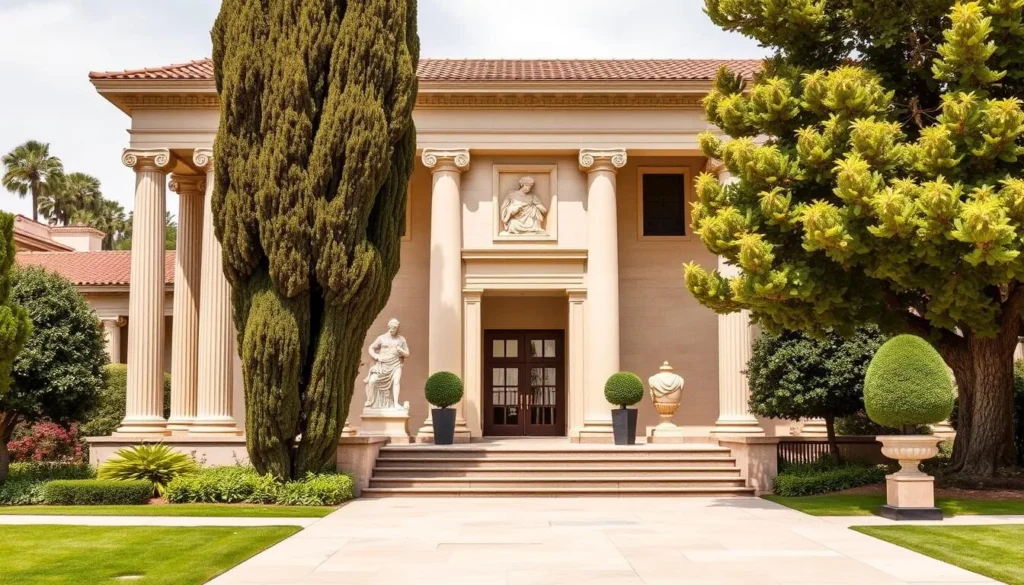 Getty Villa exterior with ancient Greek, Roman, and Etruscan artifacts Getty Villa exterior with ancient Greek, Roman, and Etruscan artifacts