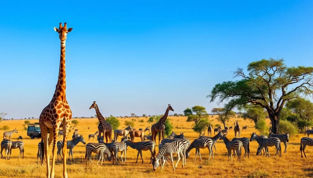 Giraffes and other wildlife in Bandia Reserve with savanna landscape Giraffes and other wildlife in Bandia Reserve with savanna landscape