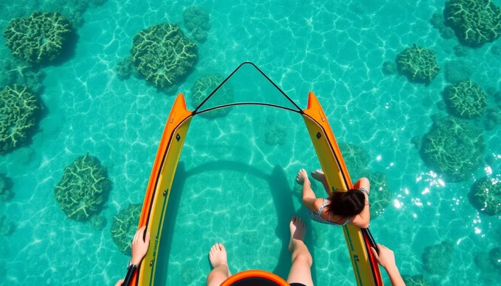 Glass bottom kayak over coral reef at Fitzroy Island National Park, Queensland Glass bottom kayak over coral reef at Fitzroy Island National Park, Queensland