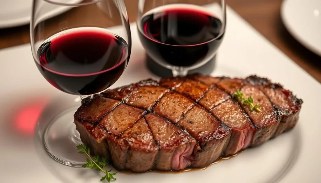 Glass of Cabernet Sauvignon next to ribeye steak
