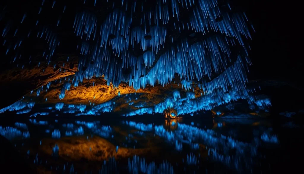 Glowworms illuminating Waitomo Caves ceiling like stars, magical New Zealand experience Glowworms illuminating Waitomo Caves ceiling like stars, magical New Zealand experience