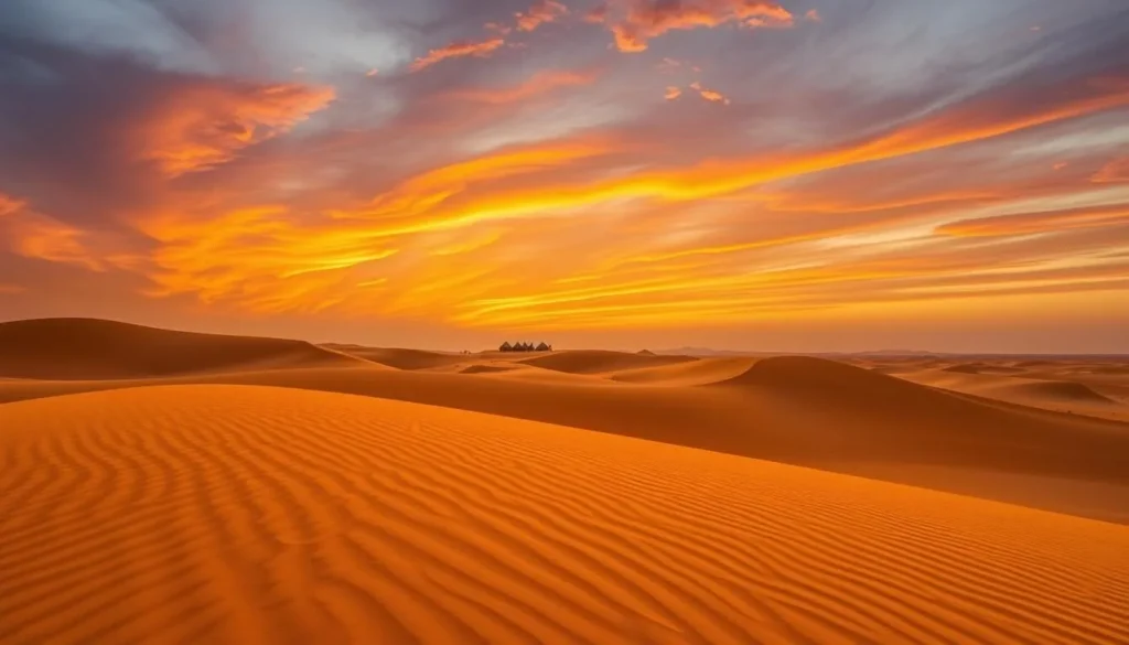 Golden sand dunes of Wahiba Sands at sunset with traditional Bedouin camp