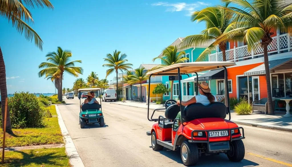Golf cart transportation on Cedar Key with people exploring the island's streets past colorful buildings