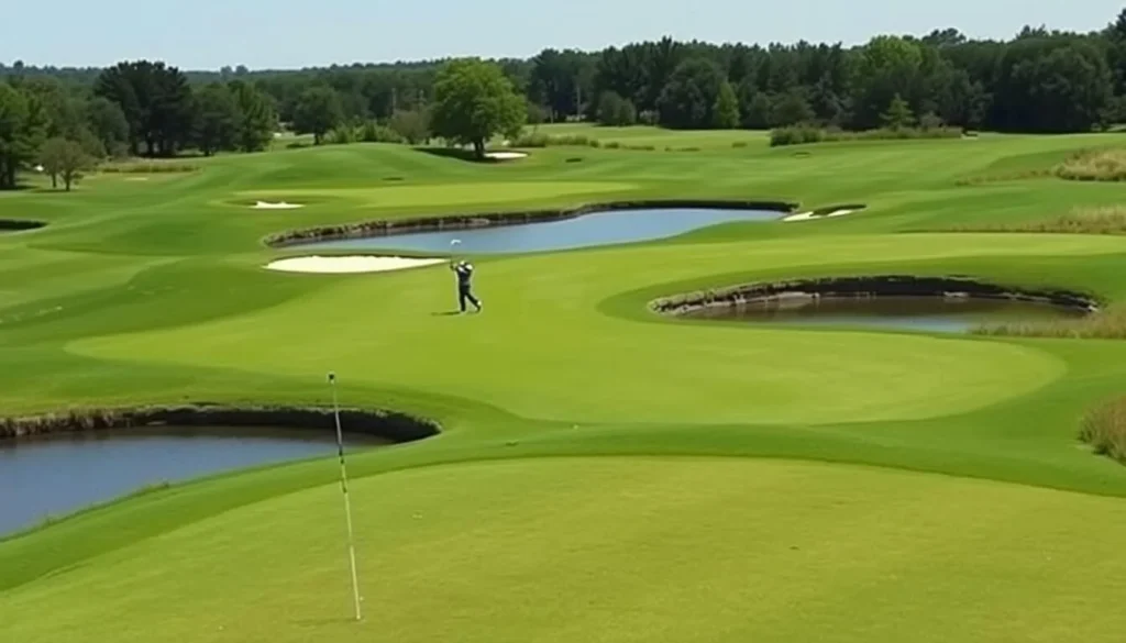 Golfer on a lush green course in Millsboro with water features