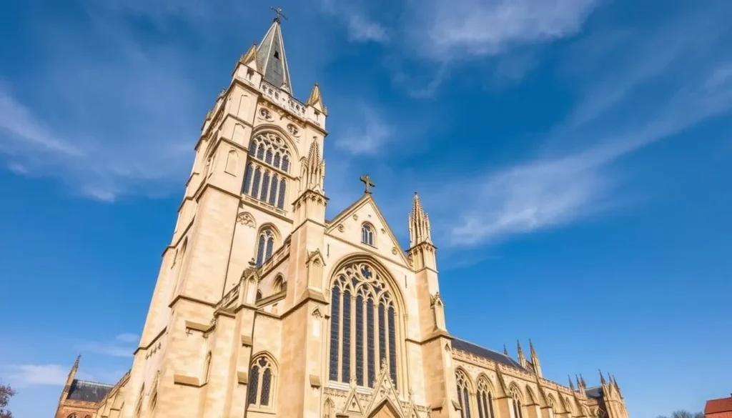 Gothic architecture of Canterbury Cathedral with its famous bell tower and stained glass windows Gothic architecture of Canterbury Cathedral with its famous bell tower and stained glass windows