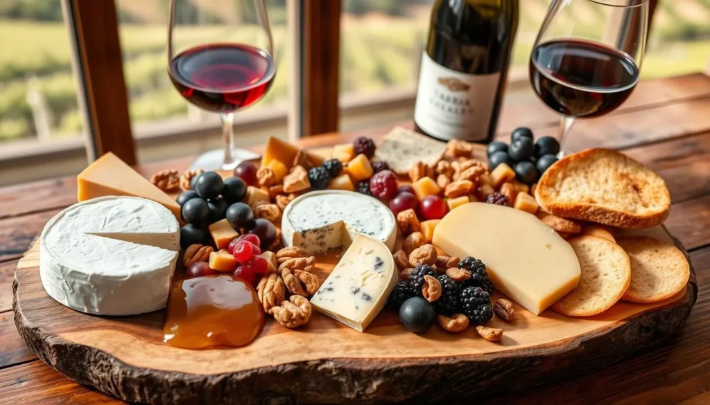 Gourmet cheese platter with local Yarra Valley cheeses, fruits, and wine