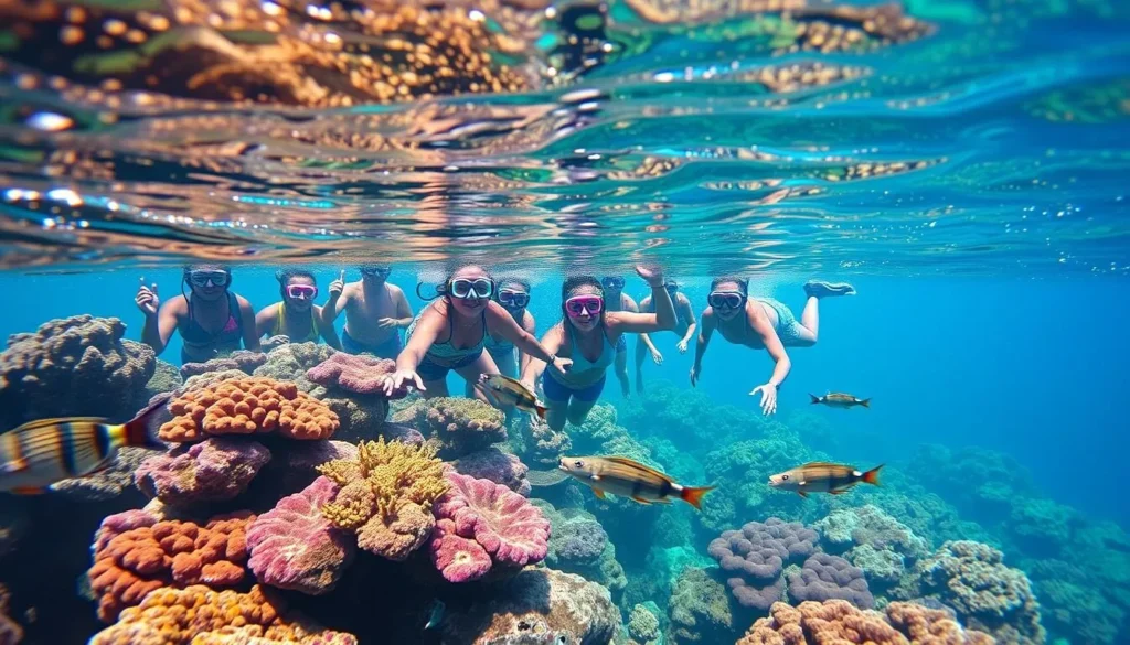 Grand Bahama snorkeling tour with a group of people snorkeling near a coral reef