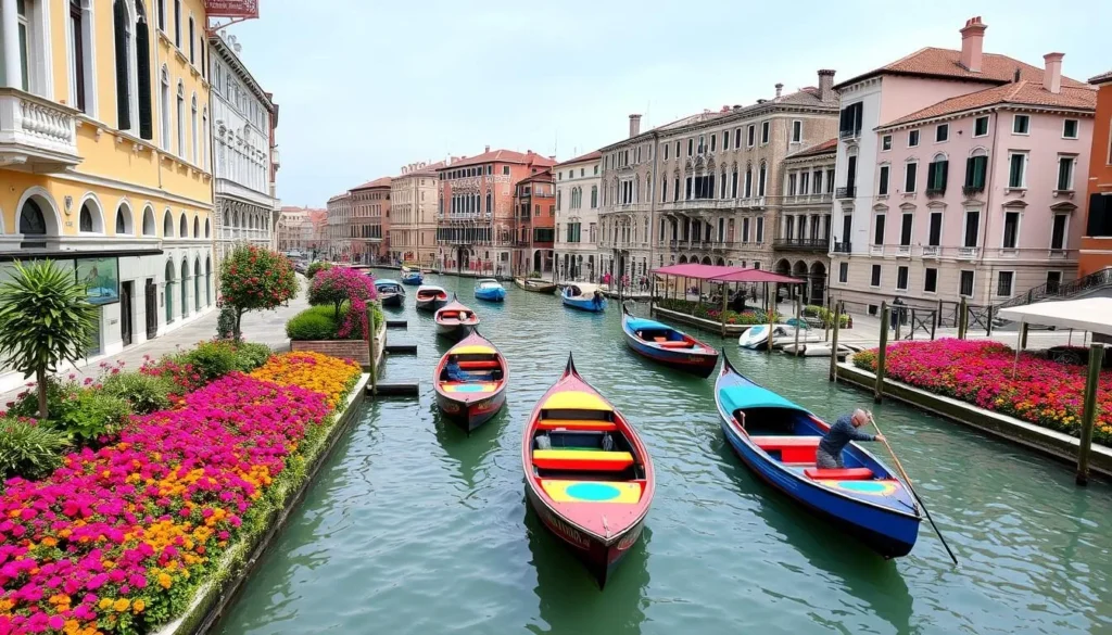 Grand Canal with rowboats and lush gardens