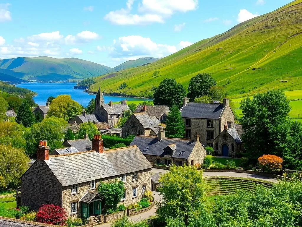 Grasmere village with its stone cottages and church surrounded by green hills Grasmere village with its stone cottages and church surrounded by green hills