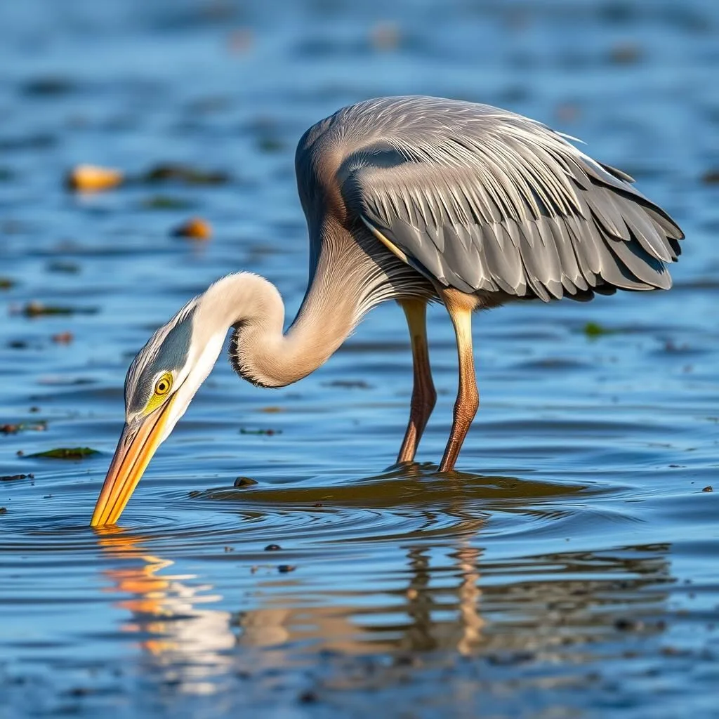 Great blue heron wading in the shallow waters of Mustang Island State Park wetlands