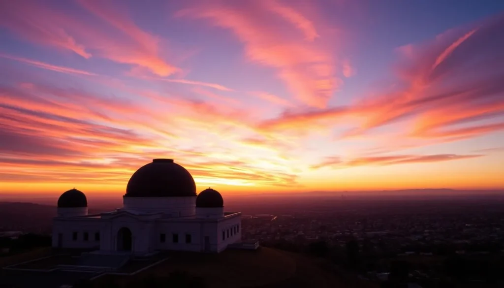 Griffith Observatory with panoramic views of Los Angeles cityscape during sunset Griffith Observatory with panoramic views of Los Angeles cityscape during sunset