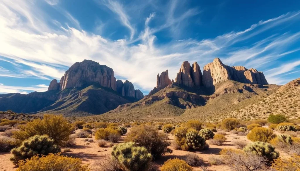 Guadalupe Mountains National Park landscape in Texas, showcasing the rugged, sun-kissed terrain. In the foreground, a pristine desert floor peppered with hardy shrubs and cacti, leading the eye towards the dramatic, craggy peaks in the middle ground. Towering, sun-dappled limestone cliffs rise majestically, casting long shadows across the scene. Brilliant blue skies with wispy clouds overhead, creating a serene, natural atmosphere perfect for wildlife observation and landscape photography. Capture the essence of this stunning, unspoiled wilderness with natural lighting and a wide-angle lens.