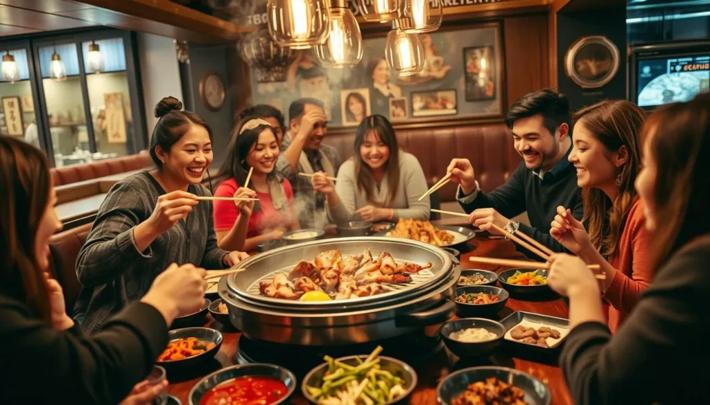 Happy diners enjoying a Korean feast with tabletop BBQ and various dishes in Washington DC