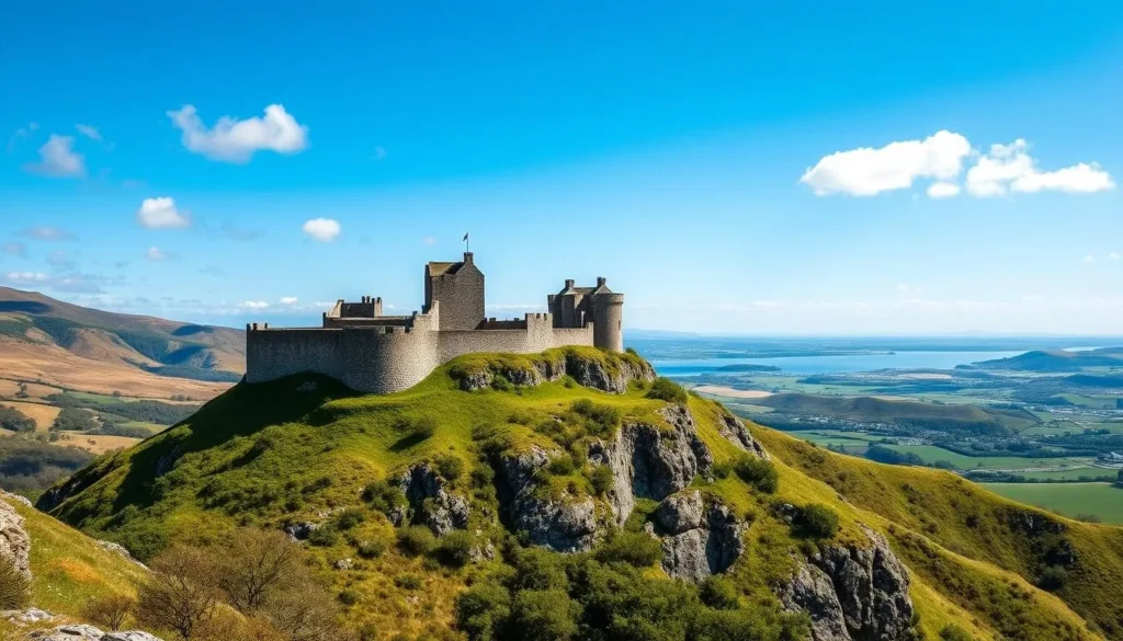 Harlech Castle perched on a hill overlooking the countryside and coast of Snowdonia