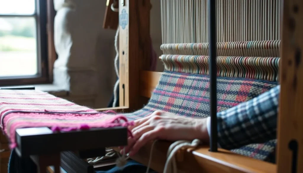 Harris Tweed weaver working at a traditional loom in the Outer Hebrides