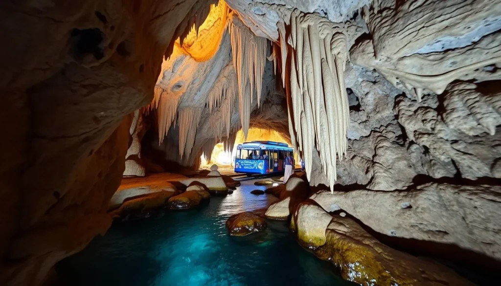 Harrison's Cave in Barbados showing dramatic stalactites and stalagmites Harrison's Cave in Barbados showing dramatic stalactites and stalagmites