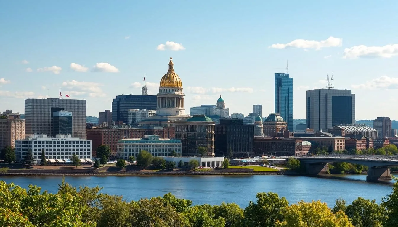 Hartford Connecticut skyline with the gold-domed State Capitol building on a sunny day