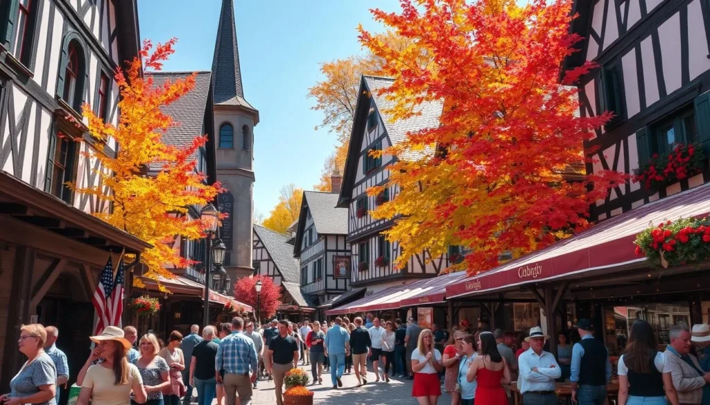 Helen Georgia during Oktoberfest with colorful fall foliage surrounding the Bavarian buildings