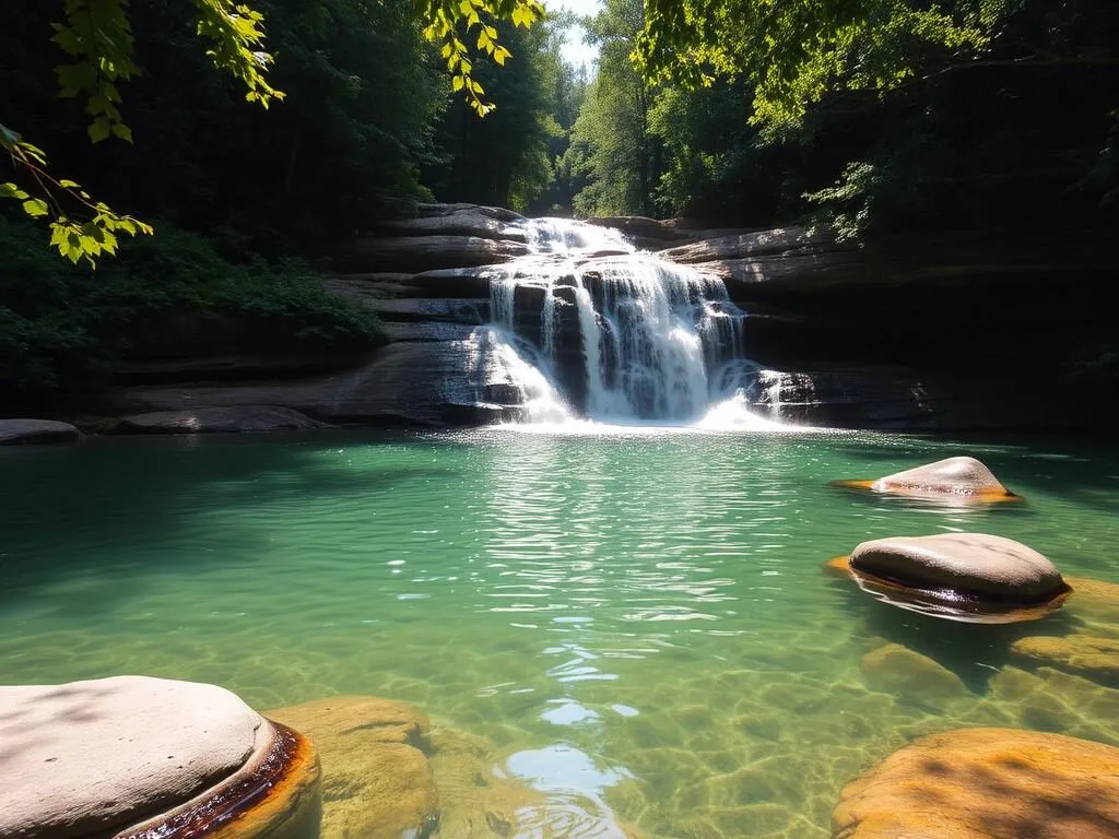 Helton Creek Falls with swimming area at the base surrounded by forest