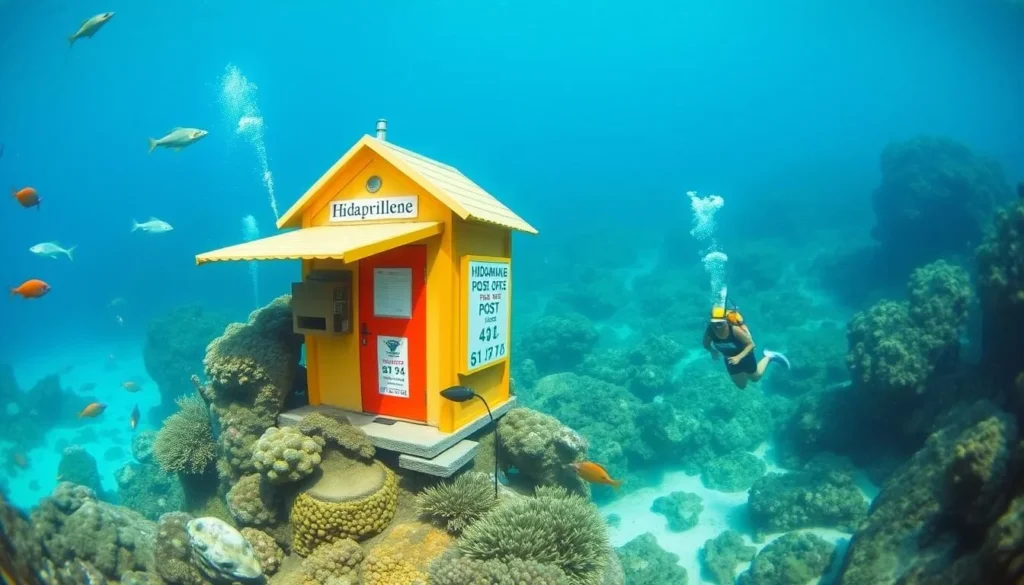 Hideaway Island underwater post office with snorkelers and marine life