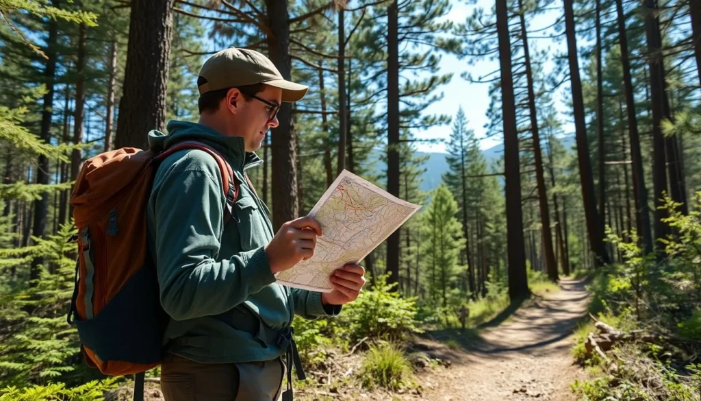 Hiker checking a trail map in Monongahela National Forest