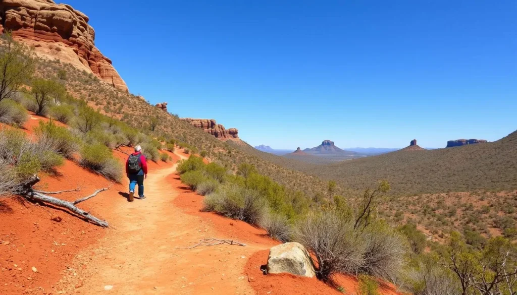 Hiker on a walking trail in Gawler Ranges National Park with scenic views of the landscape