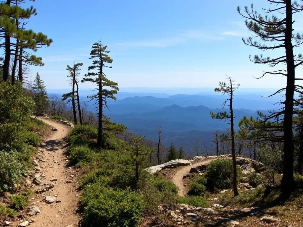 Hiker on the Appalachian Trail section crossing Blood Mountain with scenic views