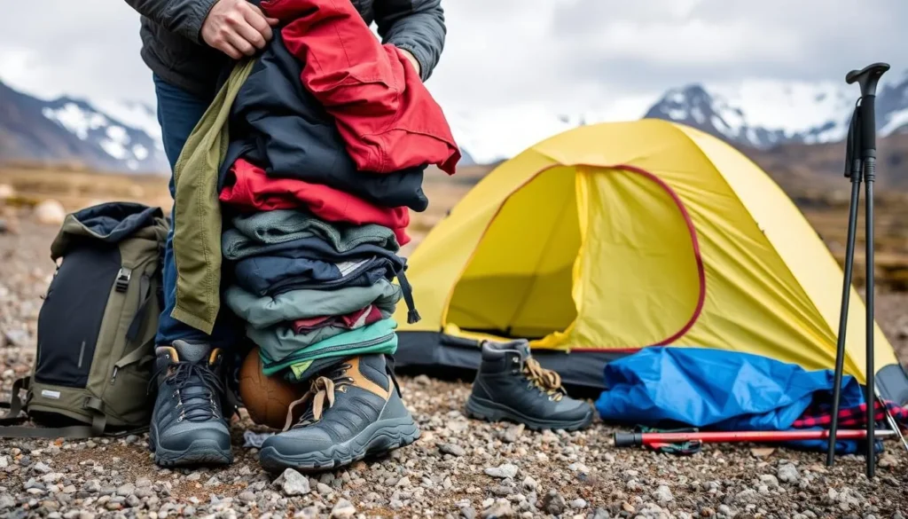 Hiker preparing equipment with layered clothing for unpredictable Patagonian weather Hiker preparing equipment with layered clothing for unpredictable Patagonian weather