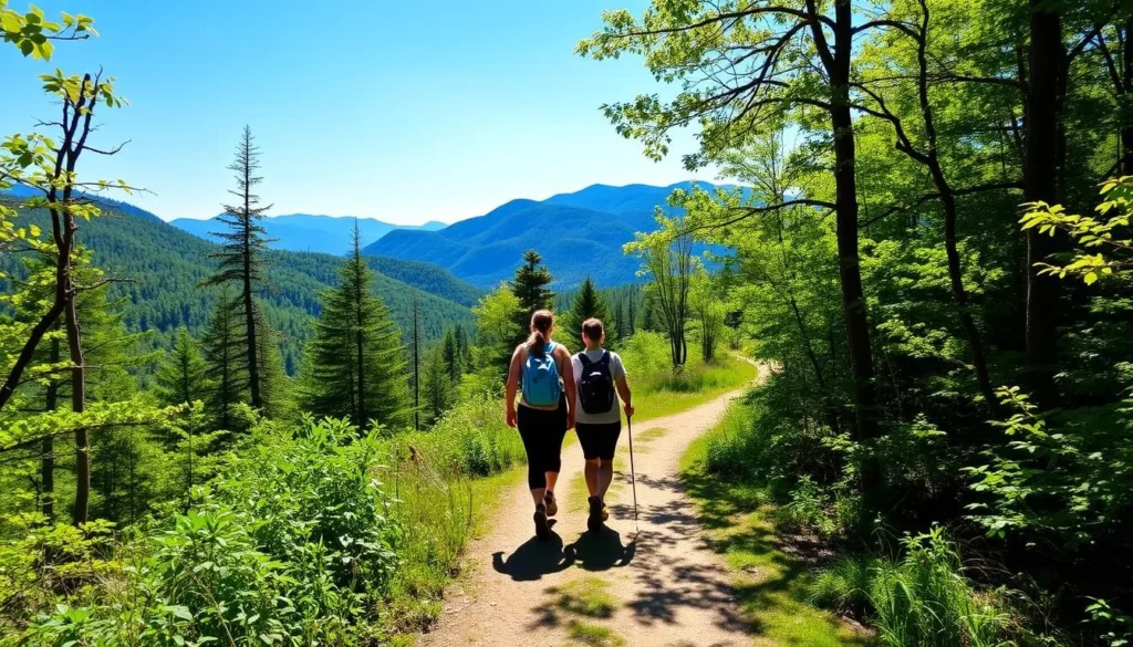 Hikers enjoying a scenic trail in Catskill State Park with mountain views in the background Hikers enjoying a scenic trail in Catskill State Park with mountain views in the background